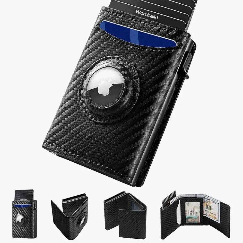 Carbon Fiber RFID Blocking Wallet Slim‎ Trifold Card Holder Apple Tag Holder